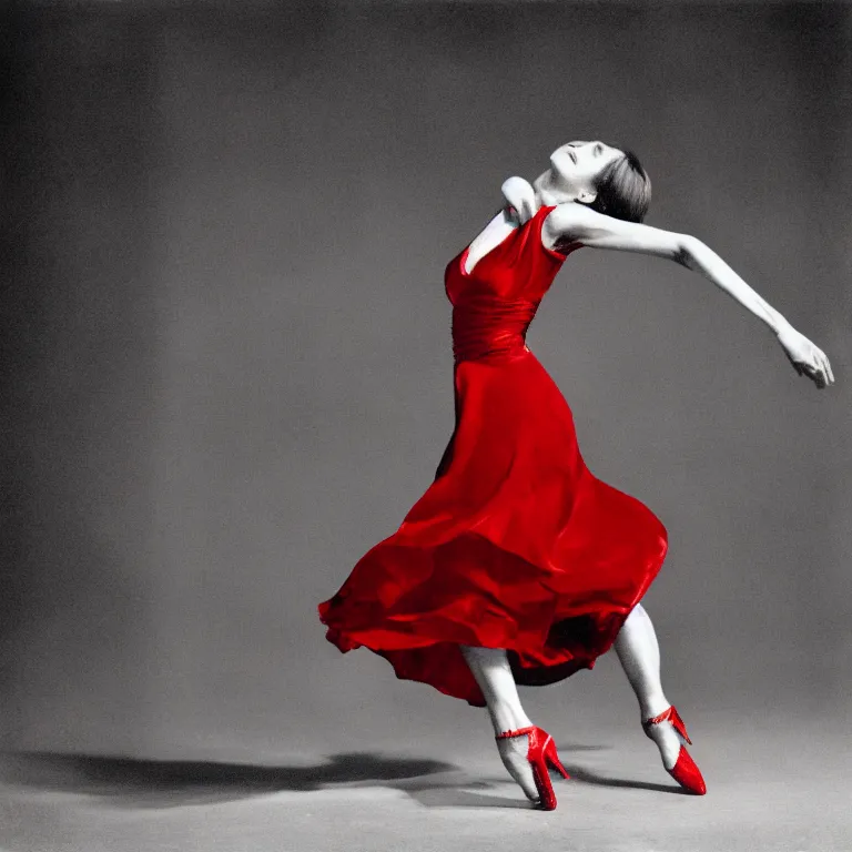 Image similar to A high-detailed photo of woman dancing in the night, grayscale photo with red dress, realism, photo by Richard Avedon