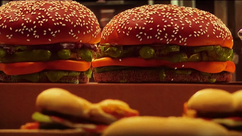 Image similar to the strange burger creature at the fast food place, film still from the movie directed by denis villeneuve and david cronenberg with art direction by salvador dali and zdzisław beksinski, wide lens