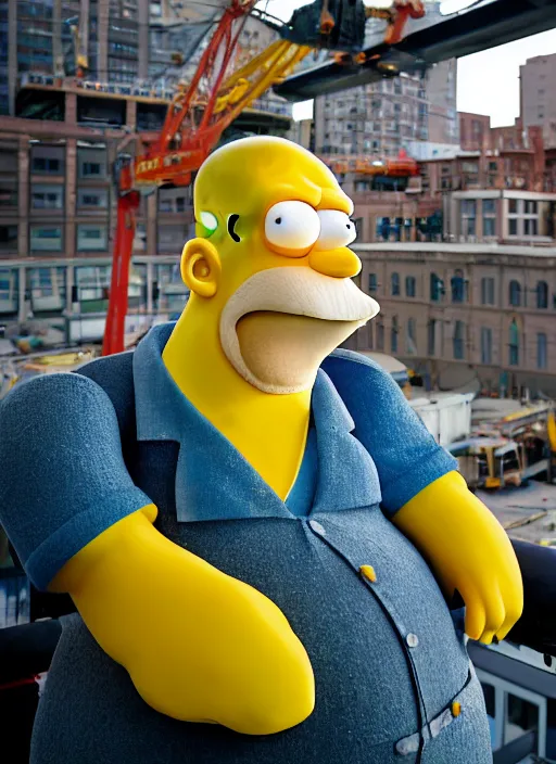 Prompt: closeup portrait of cheerful homer simpson as a crane operator, yellow hardhat, sitting in a crane, natural light, bloom, detailed face, magazine, press, photo, steve mccurry, david lazar, canon, nikon, focus