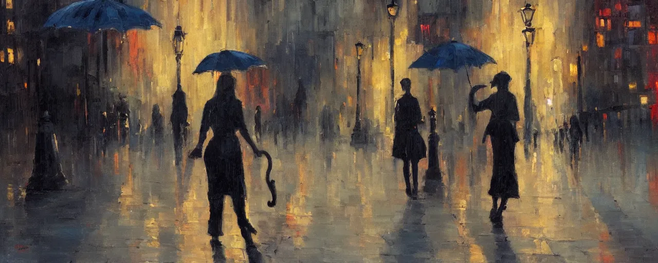 Image similar to evening city scene with central woman with umbrella. beautiful use of light and shadow to create a sense of depth and movement. uses energetic brushwork and a limited color palette, providing a distinctive look and expressive quality in a rhythmic composition