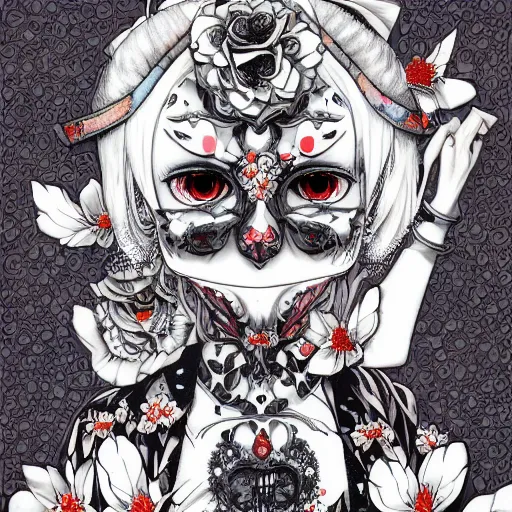 Prompt: portrait of a manga anime girl skull face detailed highres 4k by Trevor Brown and James Jean pop art nouveau