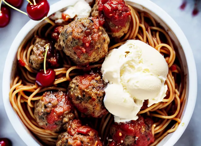 Image similar to dslr food photograph of spaghetti and meatballs topped with vanilla ice cream and a cherry on top, 8 5 mm f 1. 8