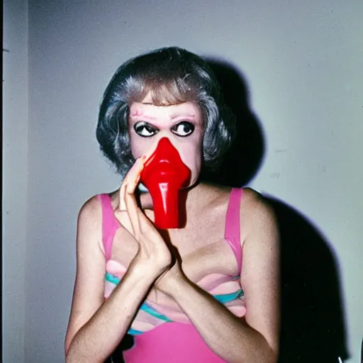 Image similar to 1976 woman wearing an inflatable plastic mouth, soft color,wearing a leotard 1976 holding an anthropomorphic finger, color film 16mm Almodovar John Waters Russ Meyer Doris Wishman old photo