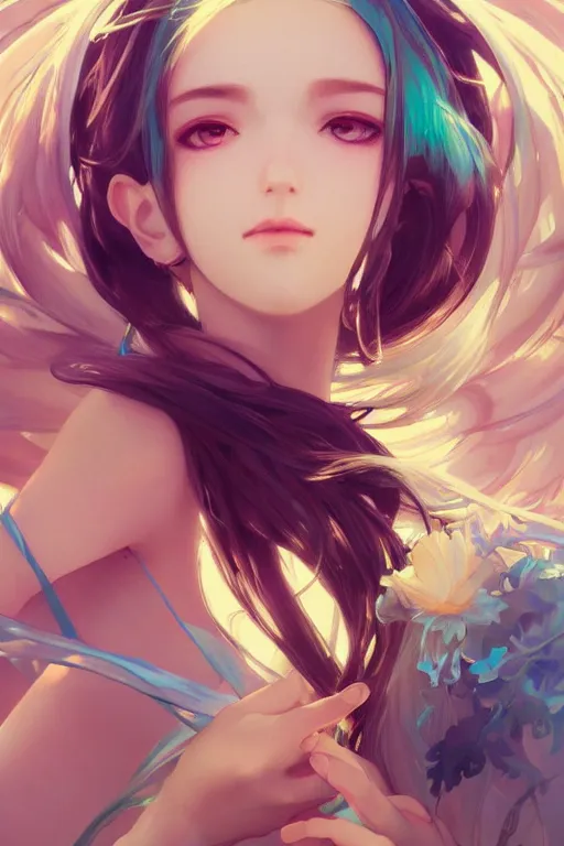 Image similar to beautiful, miku, final fantsy, digital painting, portrait , cinematic lighting, highly detailed, artstation, concept art, illustration, smooth, sharp focus, editor's pickup, trending on artstation, trending on deviantart, alphonse mucha, WLOP