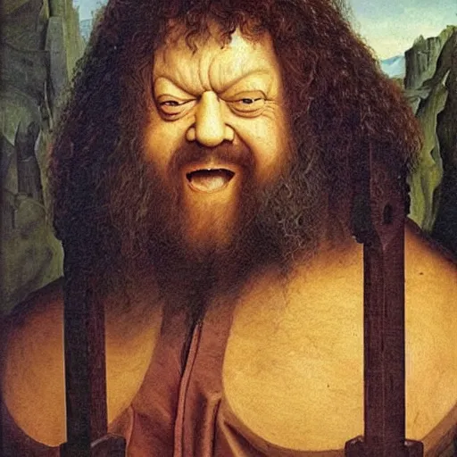 Image similar to portrait of hulking herculean bodybuilder hagrid, oil painting by jan van eyck, northern renaissance art, oil on canvas, wet - on - wet technique, realistic, expressive emotions, intricate textures, illusionistic detail