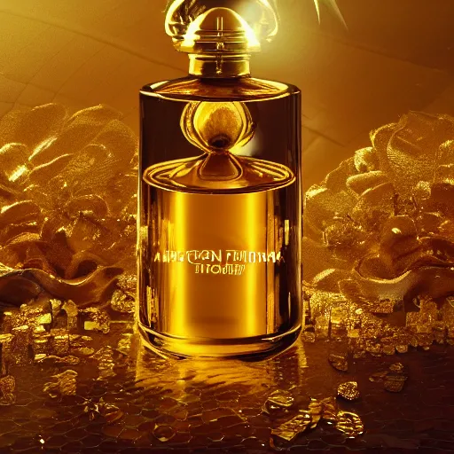 perfume bottle in a golden puddle of rich honey, | Stable Diffusion ...