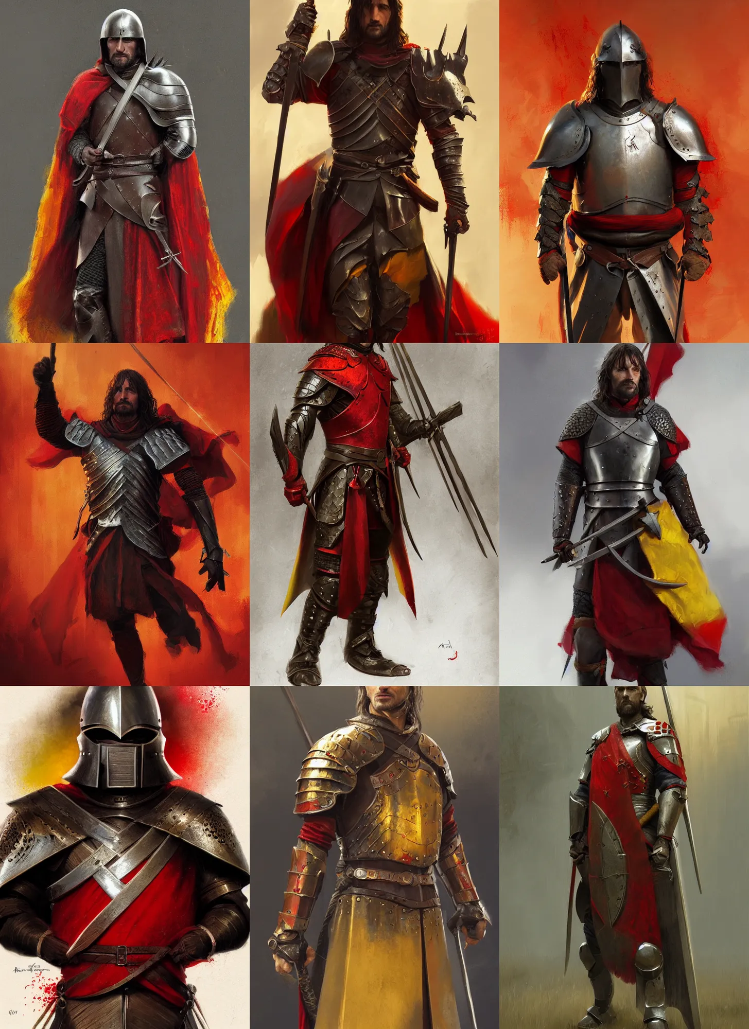 Prompt: aragorn medieval armor, dark, red yellow flag, intricate, highly detailed, smooth, artstation, digital illustration, ruan jia, mandy jurgens, rutkowski