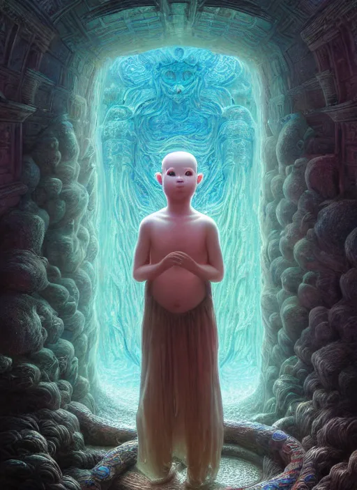 Image similar to hyperreal ultra detailed hypnagogic recollections from the waters of the unconscious. a 3 d psychopomp watching on. an ancient child. prismatic crystal light projections, a doorway threshold, a snake, sharp focus, global illumination, ornate, art by shaun tan, fenghua zhong and daniel merriam and dan mumford octane render