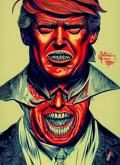 Image similar to risograph of donald trump's grotesque true form revealed, horror, high details, intricate details, by vincent di fate, artgerm julie bell beeple, 1 9 8 0 s, inking, vintage 8 0 s print, screen print