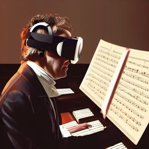 Image similar to beethoven composing at the piano, wearing a vr headset, dim lighting, dark room, candle light