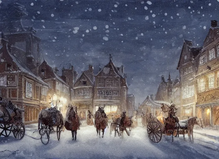 Image similar to a night scene of a snowy town with a horse drawn carriage, a detailed matte painting by anton pieck, deviantart contest winner, fantasy art, concept art, official art, matte drawing