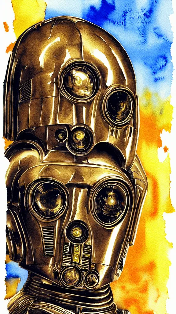 Image similar to a portrait of c - 3 po in a watercolor style. faded wash. style of robert hagan. color harmony, 8 k detail, gallery quality, hd wallpaper, premium prints available, hyper - detailed, intricate design.