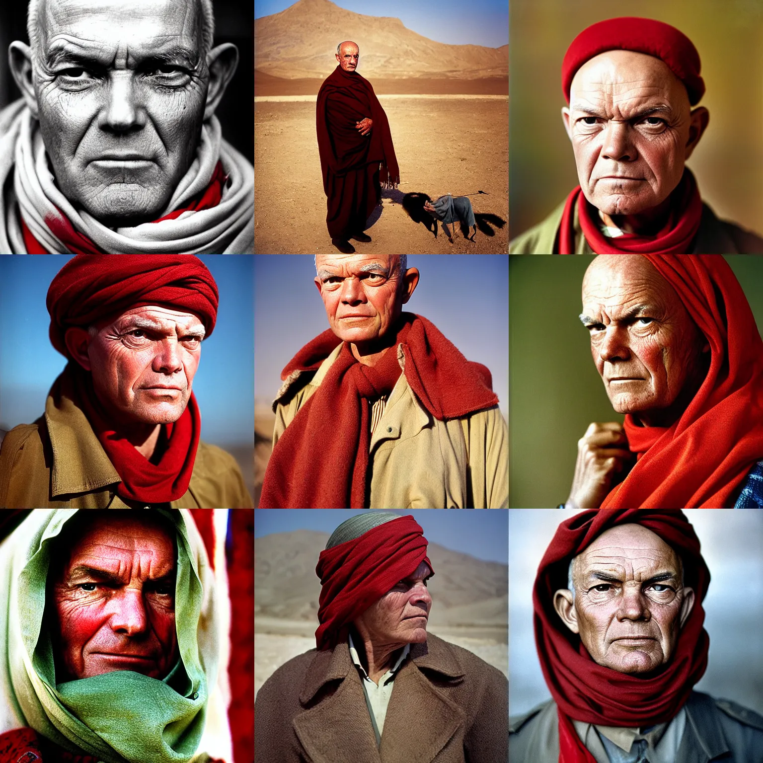 Prompt: portrait of president dwight eisenhower as afghan man, green eyes and red scarf looking intently, photograph by steve mccurry