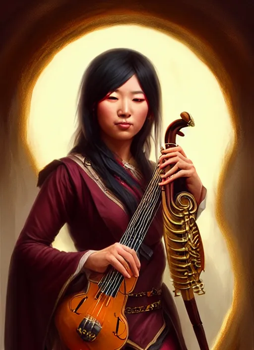 Image similar to a _ fantasy _ style _ portrait _ painting _ of asian female charismatic bard playing instrument, rpg dnd oil _ painting _ unreal _ 5 _ daz. _ rpg _ portrait _ extremely _ detailed _ artgerm _ greg _ rutkowski _ greg