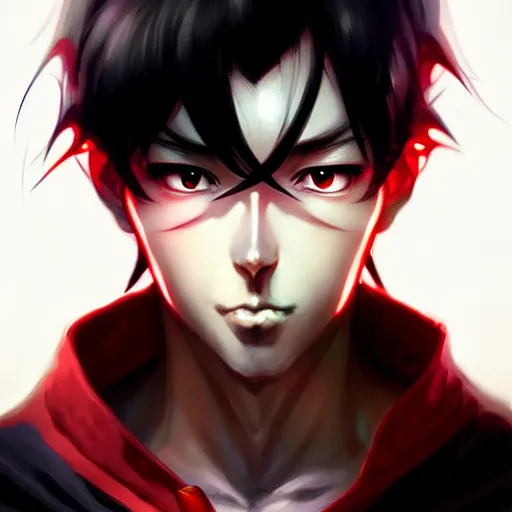 Image similar to anime portrait of a slick black hair guy with red eyes by stanley artgerm lau, wlop, rossdraws, james jean, andrei riabovitchev, marc simonetti, and sakimichan, trending on artstation