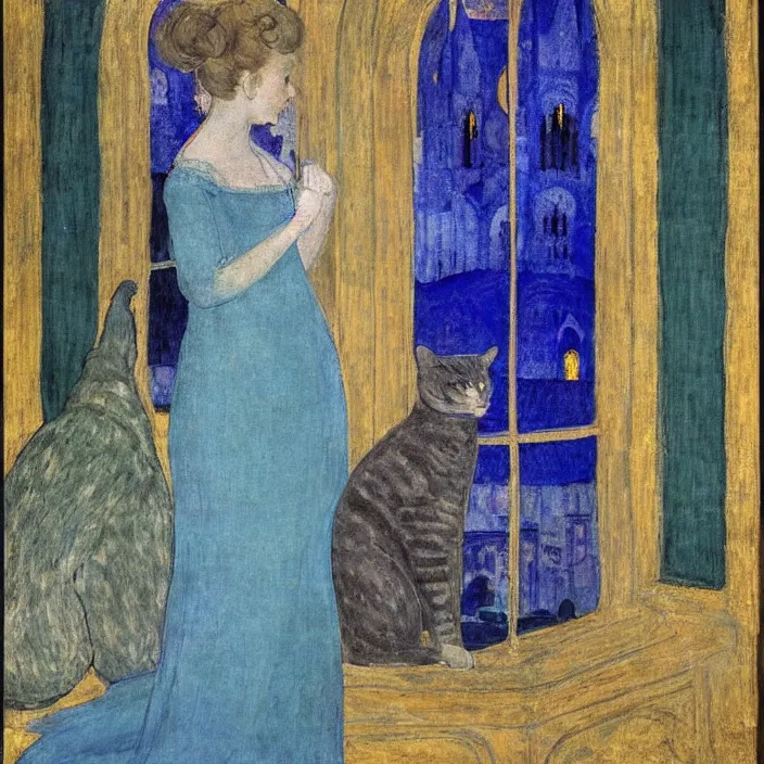 Prompt: portrait of woman in night gown with cat with city with gothic cathedral seen from a window frame with curtains. lapis - lazuli, malacchite, turquoise, indigo. piero della francesca, bonnard, henri de toulouse - lautrec, utamaro, matisse, monet, audubon