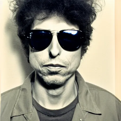 Prompt: Mugshot Portrait of Bob Dylan with stunna shades and a high top fade, taken in the 1970s, photo taken on a 1970s polaroid camera, grainy, real life, hyperrealistic, ultra realistic, realistic, highly detailed, epic, HD quality, 8k resolution, body and headshot, film still, front facing, front view, headshot and bodyshot, detailed face, very detailed face