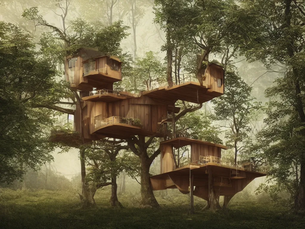 Image similar to “A mid-century stahl tree house by Pierre Koenig, trending on artstation, octane render, cgsociety, digital art”