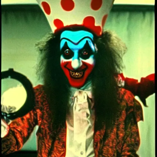 Image similar to a cinematic film still from a 1980s horror film about a Alice cooper clown, vintage, color film still, moon lighting