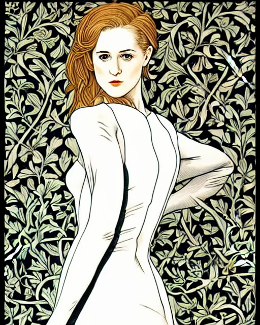 Prompt: in the style of artgerm, william morris, evan rachel wood, flowing white dress