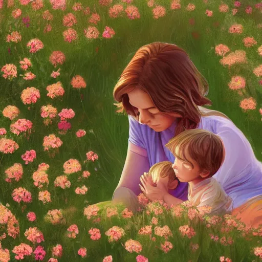 Image similar to A mother and child in a field of flowers, serene, pastoral, digital painting, artstation, close up, details, sharp focus, illustration, By Ross draws