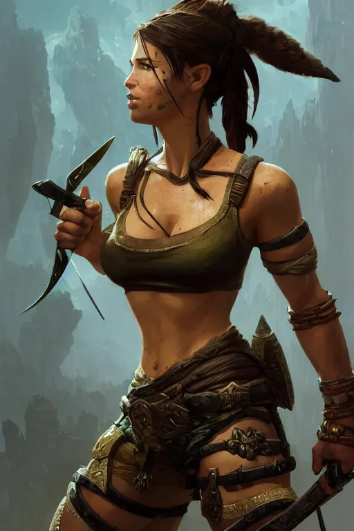 Prompt: lara croft, legendary warrior, heroic fighter, world of warcraft, decorative ornaments, battle armor, by carl spitzweg, ismail inceoglu, vdragan bibin, hans thoma, greg rutkowski, alexandros pyromallis, perfect face, sharply focused, sharply detailed, centered, rule of thirds, realistic shading