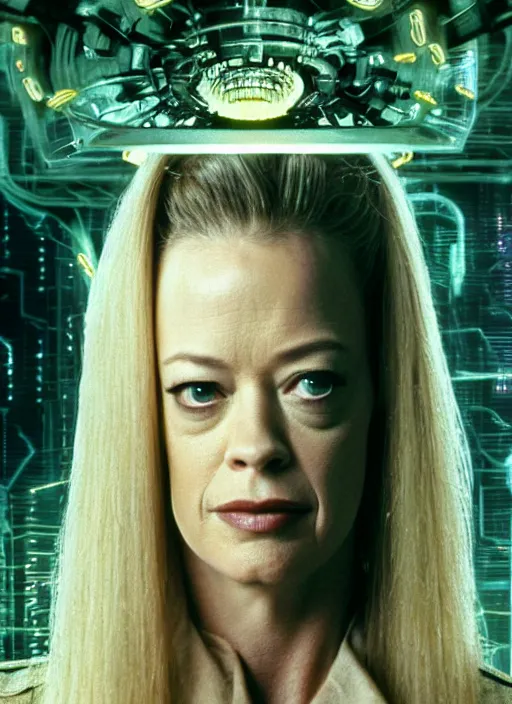 Image similar to 35mm portrait of Jeri Ryan as an intricate and sophisticated borg with eye implant, on the background of a weird magical mechanical forest. Round gears visible inside her hear. Very detailed 8k. Fantasy cyberpunk horror. Sharp. Cinematic post-processing