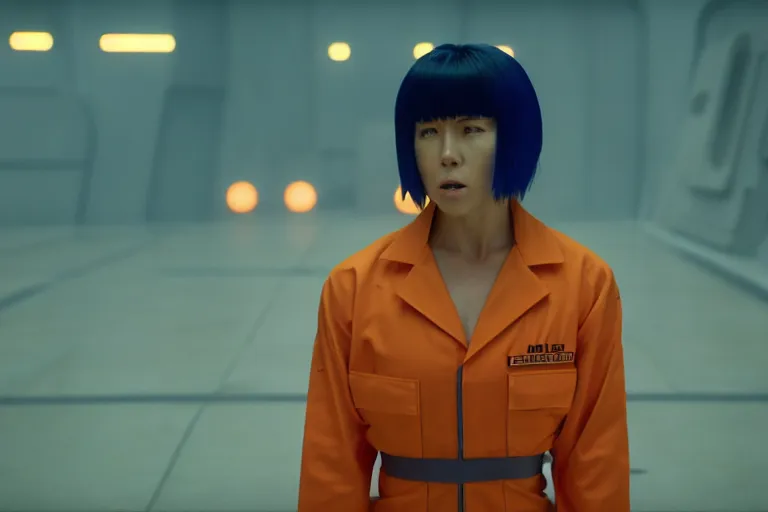 Image similar to major motoko wearing an orange prison jumpsuit, a giant blue hologram of a screaming child in the background, photography by fred palacio medium full shot still from bladerunner 2 0 4 9, sci fi, bladerunner, canon eos r 3, f / 3, iso 2 0 0, 1 / 1 6 0 s, 8 k, raw, unedited