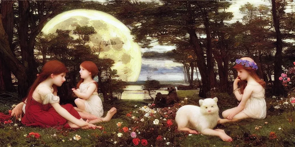 Prompt: 3 d precious moments plush animal, realistic fur, moonrise by the sea, master painter and art style of john william waterhouse and caspar david friedrich and philipp otto runge