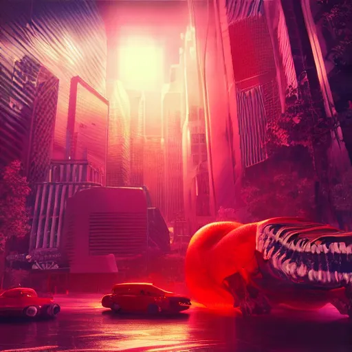 Image similar to a surreal 3 d octane render light tracing scene of a futuristic tokyo at night and a huge red water beast made of bones and muscle and blood is engrossing half the city. award winning trending on art station pixar lisa frank