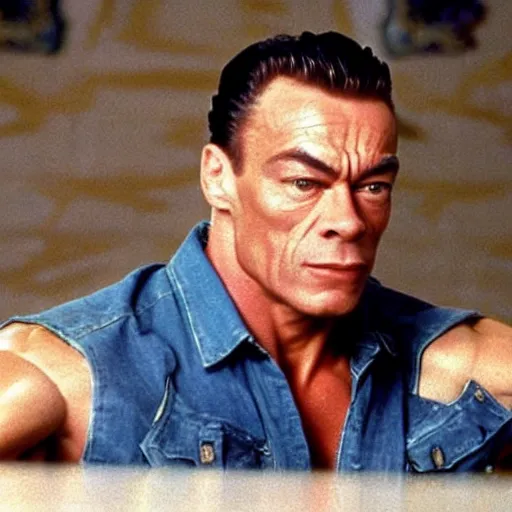 Image similar to jean-claude van Damme saluting by putting the tip of his foot against is head