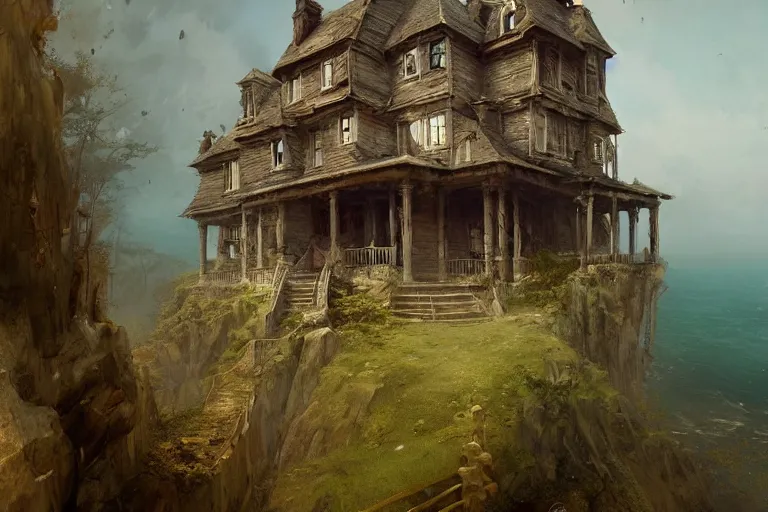 Image similar to unkind haunted house that hasn't been maintained properly sitting atop a narrow cliff on a bouncy hillside, overlooking a grim ocean, digital painting by greg rutkowski and gaston bussiere, trending on artstation, cgsociety contest winner, zbrush, intricately defined, comprehensive art, 4 k