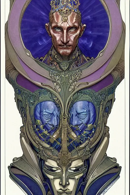 Image similar to a beautiful full-color art nouveau bust portrait of a godlike and stoic alien king, with benevolent and loving eyes, extremely detailed frontal angle, art nouveau cyberpunk engraved armor and intricate crown of infinite power, perfectly symmetrical facial structure and framework, honorable and honest alien facial features of ageless wisdom, by michael kaluta and travis charest, dark sci-fantasy, deeply ornate complexity, male face and bust, human anatomy mixed with alien and cyborg characteristics, sci-fi character concept, photorealism, epic art nouveau framing, stunning lighting, hyperrealism, 8k