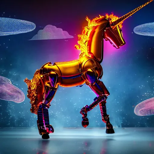 Image similar to a flaming, robotic unicorn, rearing up in front of an endless, digital space, surrounded by drones with cameras, synthwave, dslr photo