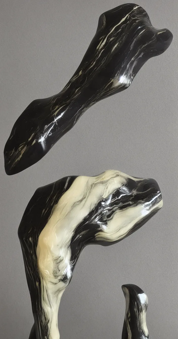 Prompt: santini italian sculptures, light matte marbled, dark high glossy translucent quartz veins, vivid studio light, high quality, black sokkel