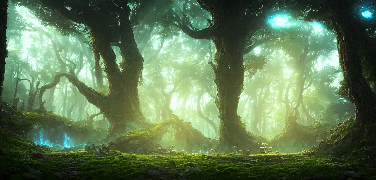 Image similar to random mystic forest huge house landscape, big glowing magic portal, central symmetrical composition, incredible, vector art, octane render, fabulous, hyper detailed, random cinematic view, no noise, global illumination, warm lighting, volumetric, godrays, vivid, beautiful, by jordan grimmer