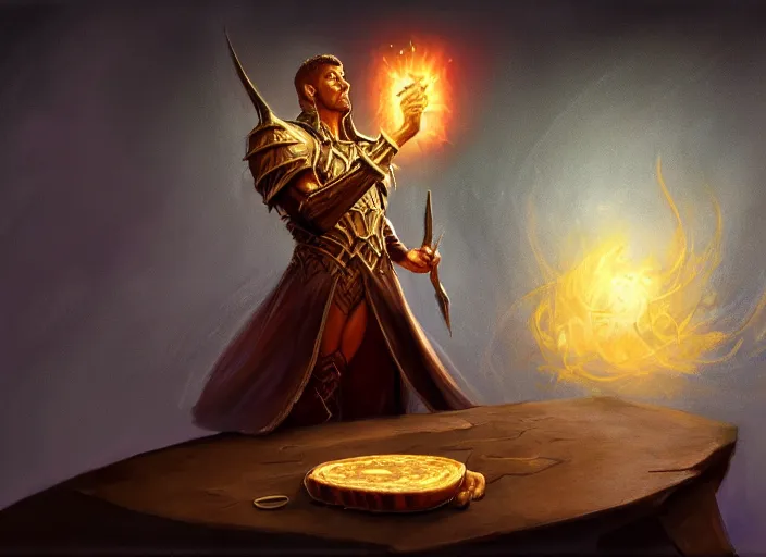 Prompt: magic : the gathering fantasy concept art of a piece of toast giving a speech at a podium, by marco bucci and frank frazetta, high resolution. a clear portrait of a regal piece of toast wearing royal clothing, giving a speech, podium, fantasy coloring, intricate, digital painting, artstation, smooth, sharp focus