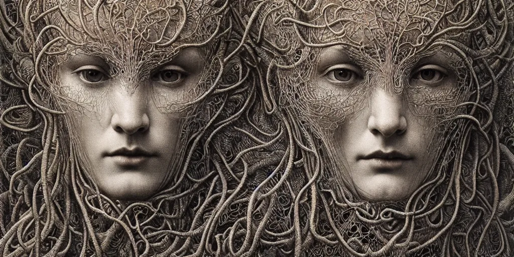 Image similar to detailed realistic beautiful tyrolean farmer hay monster god face portrait by jean delville, gustave dore, iris van herpen and marco mazzoni, art forms of nature by ernst haeckel, art nouveau, symbolist, visionary, gothic, neo - gothic, pre - raphaelite, fractal lace, biodiversity, surreality, hyperdetailed ultrasharp octane render