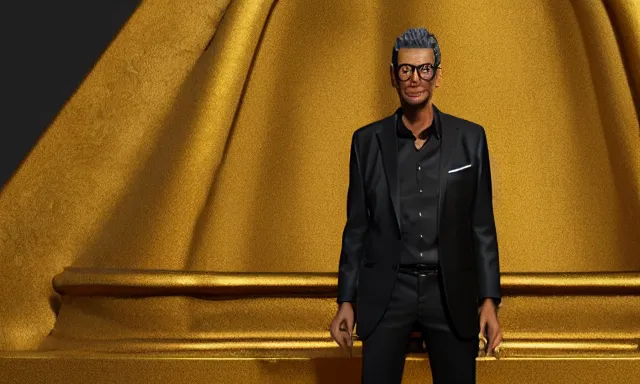 Prompt: gold statue of jeff goldblum, 3 d render, 8 k, octane render, cycles render, unreal engine