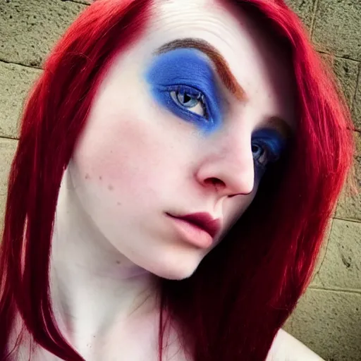 Image similar to a pale girl with piercing blue eyes and dyed wine red hair, soft facial features, looking directly at the camera, head shot, instagram picture