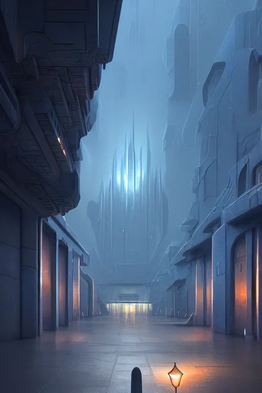 Image similar to emissary futuristic cityscape with blue street lamps, windows lit, stone marble sculptures in a courtyard, by tim blandin and arthur haas and bruce pennington and john schoenherr, cinematic matte painting, zaha hadid building, photo realism, dark moody color palate, blue hour stars, desolate glacial landscape,