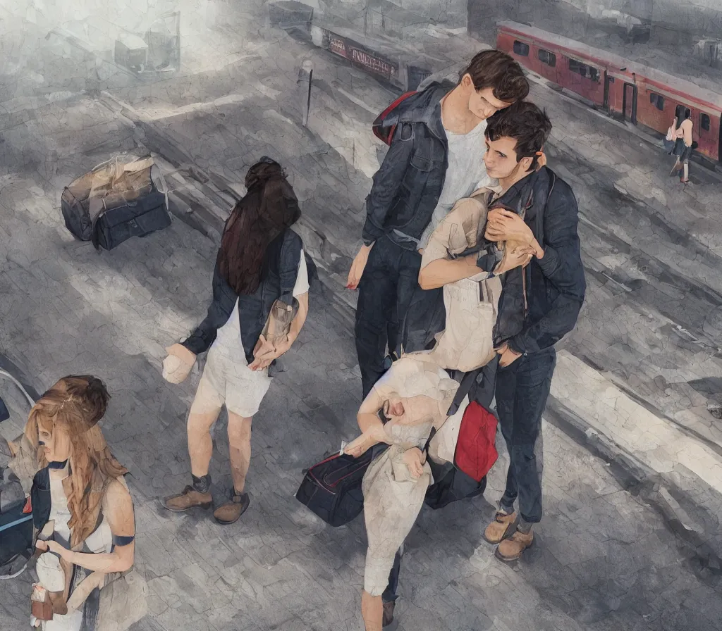 Prompt: Cute young couple waits for a train, with a lot of baggage on a platform, trains in the background, low angle, morning hard light, realistic digital art