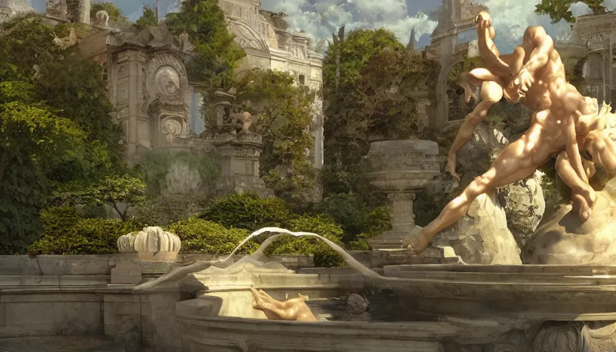 Image similar to craig mullins and studio ghibli illustration of a sculpture of the sun by michelangelo on top of a fountain in a garden, flowers, unreal engine, hyper realism, realistic shading, cinematic composition, realistic render, octane render, detailed textures, photorealistic, wide shot