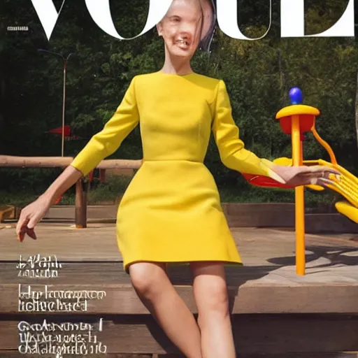 Prompt: an engineer wearing a bright gold dress playing solitare in a playground, cover of vogue magazine