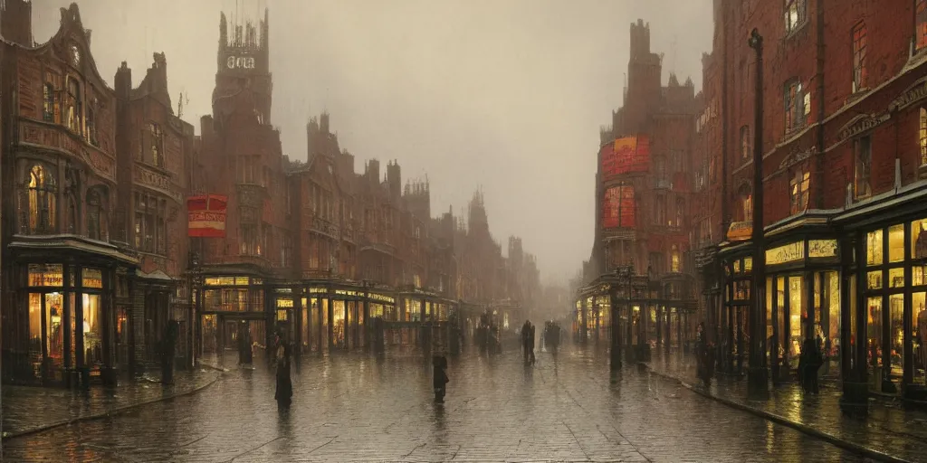 Prompt: Victorian city street with front view of shops on a rainy day in London, evening, low angle view, detailed matte painting, cinematic, John Atkinson Grimshaw, Artstation