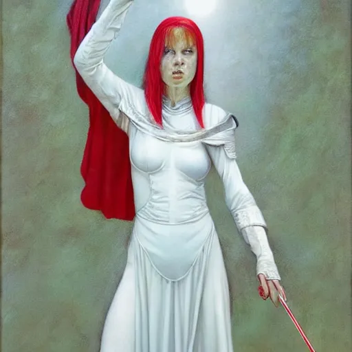 Image similar to portrait of a priestess, wearing ( all - white clothes ), and a ( red helmet ), by gerald brom, and donato berthold.