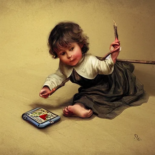 Prompt: Victorian child holding a stick poking an Apple iPod lying on the floor time warp, digital art, concept art, intricate detail, ray tracing, smooth, sharp detail, photorealistic