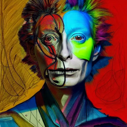 Image similar to a realistic yet sketched punk neon tilda swinton, trending on artstation, by archan nair and marlene dumas, intricate details, flowers, in the style of frank auerbach, in the style of martin ansin, in the style of david aja, by kandinsky