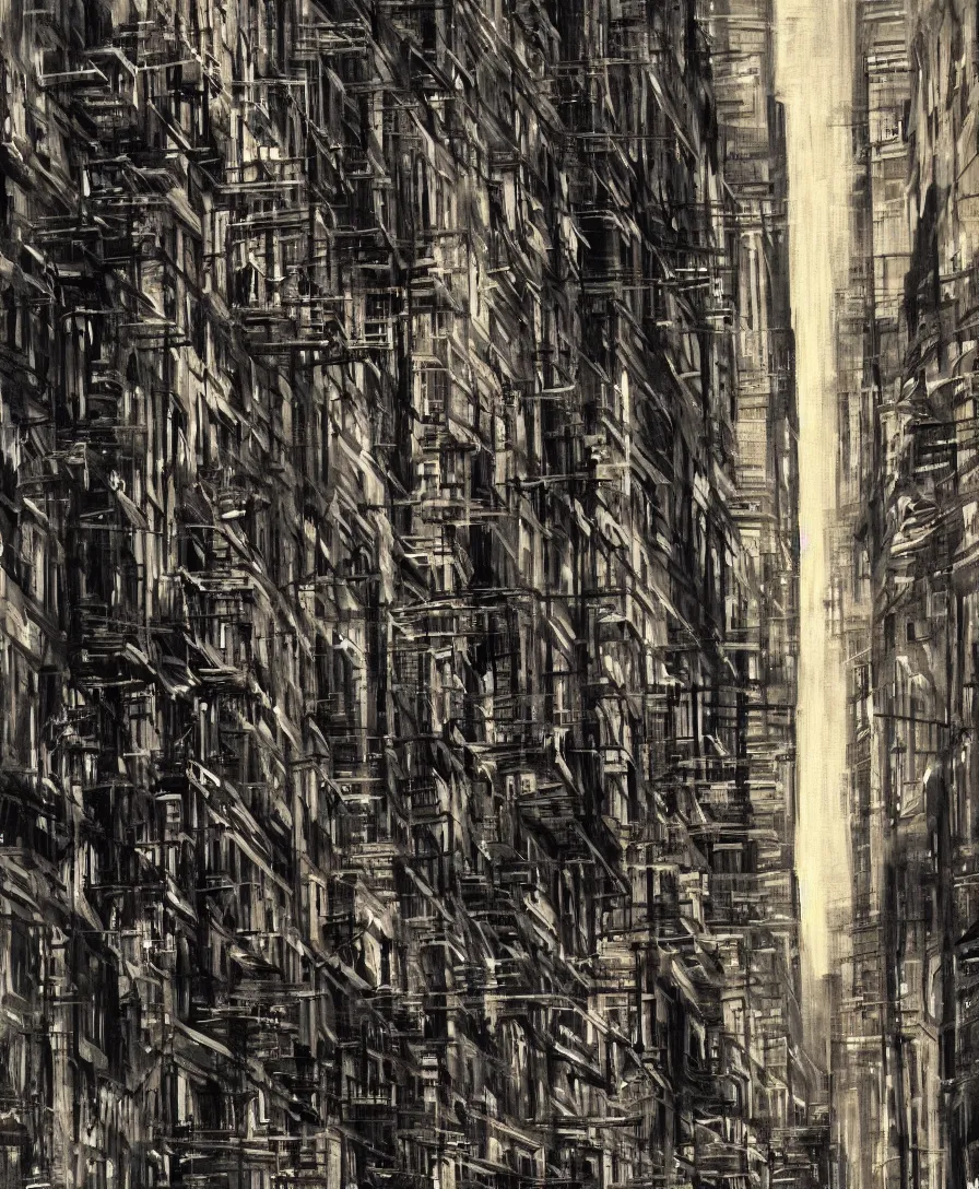 Image similar to cityscape alleyway dark grungy new york painting in the style of Bob Ross