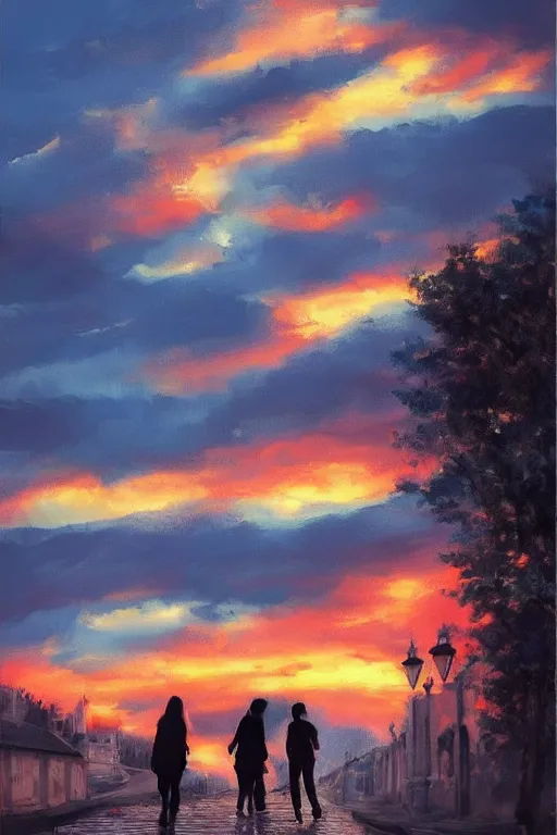 Prompt: two lovers are walking on a beautiful sarajevo sunset, trending on art station